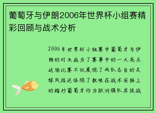 葡萄牙与伊朗2006年世界杯小组赛精彩回顾与战术分析